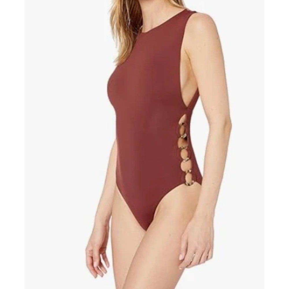 Seafolly Active Ring Side High Neck Maillot Plum One Piece Swimsuit US Size 8